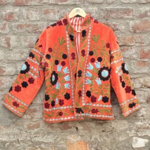 Womens Orange Velvet Embroidered Jacket with Floral Design