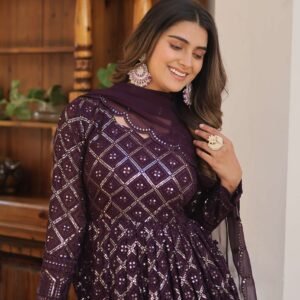 Wine Faux Blooming Designer Gown with Sequined Dupatta ? Elegant Fully Flared Party & Wedding Set