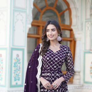 Wine Faux Blooming Designer Gown with Sequined Dupatta ? Elegant Fully Flared Party & Wedding Set