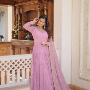 Purple Faux Georgette Designer Gown with Sequined Dupatta ? Fully Flared Elegant Ready-to-Wear Set